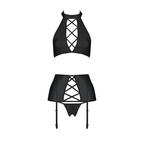 Комплект из эко-кожи с имитацией шнуровки Nancy Set black L/XL - Passion топ, трусики и пояс для чул