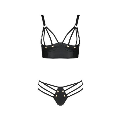 Комплект з еко-шкіри з люверсами та ремінцями Malwia Bikini black L/XL — Passion, бра та трусики