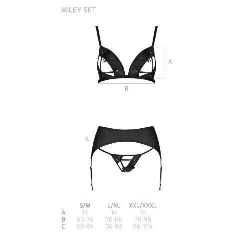 Комплект из эко-кожи Passion Miley Set black L/XL: трусики, бюстгальтер, пояс для чулок