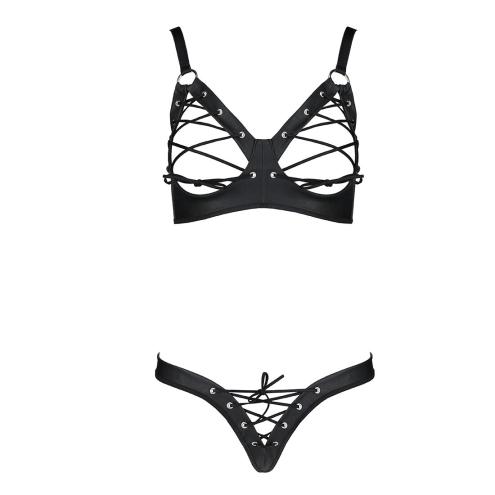 Комплект из экокожи Celine Bikini black L/XL — Passion: открытый бра с лентами, стринги со шнуровкой