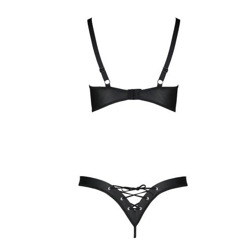 Комплект из экокожи CELINE BIKINI black XXL/XXXL — Passion: открытый бра с лентами, стринги со шнуровками 