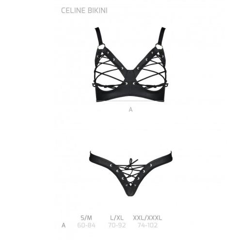 Комплект из экокожи CELINE BIKINI black XXL/XXXL — Passion: открытый бра с лентами, стринги со шнуровками 