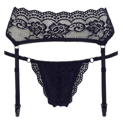 Стринги з поясом для чулок Cotelli Collection String & Suspender Belt black, M