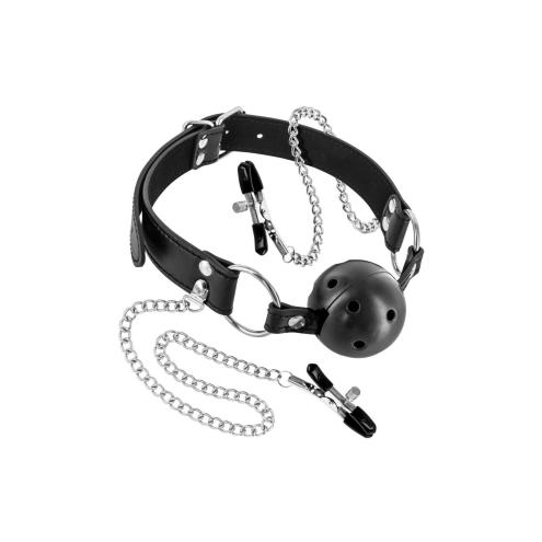 Кляп с зажимами для сосков Fetish Tentation Rigid Gag Ball with Nipple Clamps