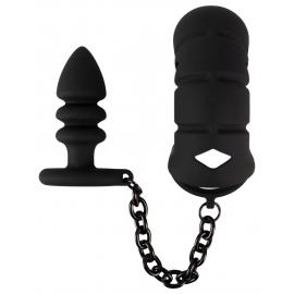 Комплект для пеніса, мошонки та анусу Black Velvets cock cage with butt plug - 6