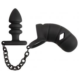 Комплект для пеніса, мошонки та анусу Black Velvets cock cage with butt plug - 7