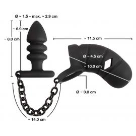 Комплект для пеніса, мошонки та анусу Black Velvets cock cage with butt plug - 8