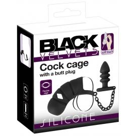 Комплект для пеніса, мошонки та анусу Black Velvets cock cage with butt plug - 1