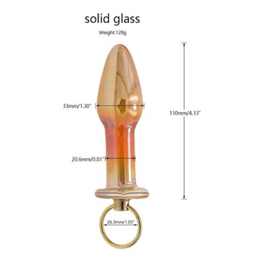 Анальная пробка стеклянная Длинная Золотая Золотое кольцо