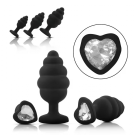 Анальна пробка Силіконова Чорна Закручена зі стразом серцем L - 1