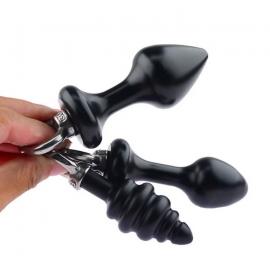 Анальна пробка металева ребриста чорна з кільцем S - 2