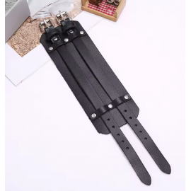 Широкий чорний браслет зі шкірзаму з двома застібками - 3