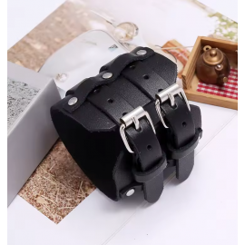 Широкий чорний браслет зі шкірзаму з двома застібками - 4