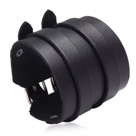 Широкий чорний браслет зі шкірзаму з двома застібками - 1