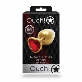 Металева анальна пробка Heart Gem, розмір M колір: золотистий/червоний Ouch! (Нідерланди) - 3
