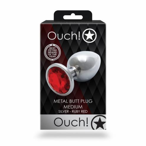 Металева анальна пробка Round Gem, розмір М колір: сріблястий/червоний Ouch! (Нідерланди)