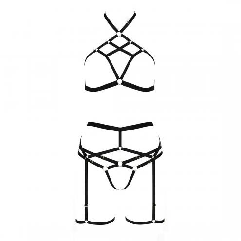 Комплект белья Passion Exclusive MORGAN SET OpenBra XXL/XXXL, black, стрэпы, трусики, лиф, пояс