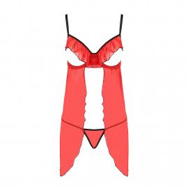 Комплект CHERRY CHEMISE red: Прозорий пеньюар з відкритими грудьми та трусики, S/M - Passion Exclusive - 6