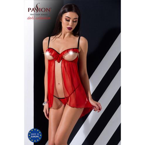 Комплект CHERRY CHEMISE red: Прозрачный пеньюар с открытой грудью и трусики, XXL/XXXL - Passion Exclusive