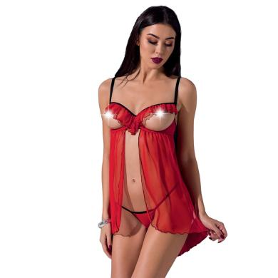 Комплект CHERRY CHEMISE red: Прозорий пеньюар з відкритими грудьми та трусики, L/XL - Passion Exclusive