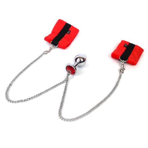 Наручники с металлической анальной пробкой Art of Sex Handcuffs with Metal Anal Plug, size M, Red