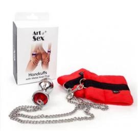 Наручники с металлической анальной пробкой Art of Sex Handcuffs with Metal Anal Plug, size M, Red - 1