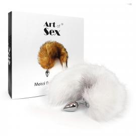 Металева анальна пробка із хвостом з натурального хутра Art of Sex White fox, size M. - 1