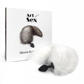 Силіконова анальна пробка з хвостом з натурального хутра Art of Sex White fox, size M - 1