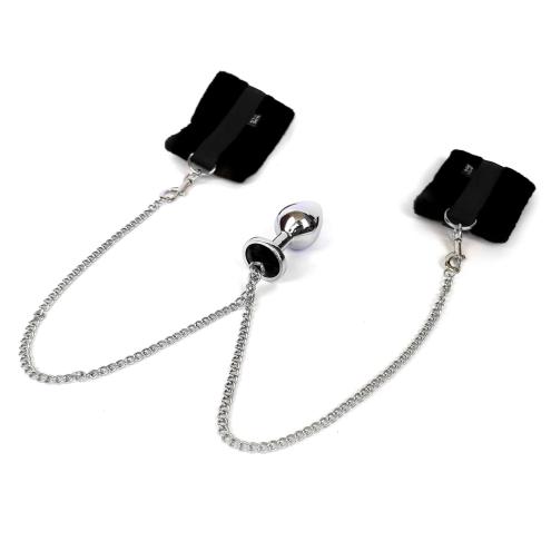 Наручники с металлической анальной пробкой Art of Sex Handcuffs with Metal Anal Plug, size M, Black 