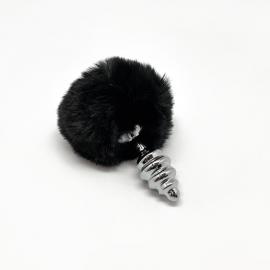 Металевий анальний затор Кролячий хвостик Alive Fluffy Twist Plug S Black - 1