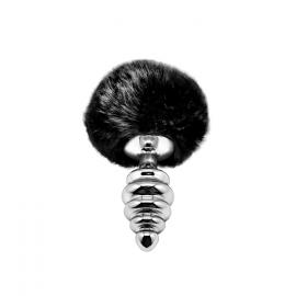 Металевий анальний затор Кролячий хвостик Alive Fluffy Twist Plug M Black - 1