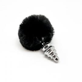 Металевий анальний затор Кролячий хвостик Alive Fluffy Twist Plug M Black - 2