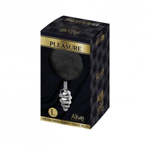 Металевий анальна пробка Кролячий хвостик Alive Fluffy Twist Plug L Black, діаметр 3,8 см