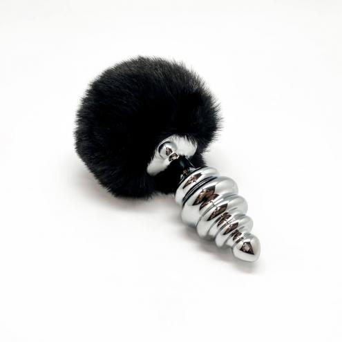 Металевий анальна пробка Кролячий хвостик Alive Fluffy Twist Plug L Black, діаметр 3,8 см