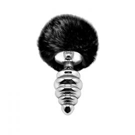 Металевий анальна пробка Кролячий хвостик Alive Fluffy Twist Plug L Black, діаметр 3,8 см - 1