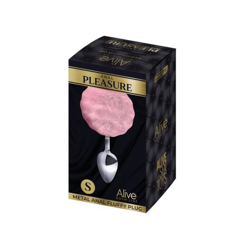 Металлическая анальная пробка Кроличий хвостик Alive Fluffy Plug S Pink, диаметр 2,8 см