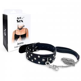 Нашийник з повідцем із натуральної шкіри із заклепками Art of Sex - Jenna Collar with Leash, чорний - 3