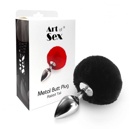 Металева анальна пробка М Art of Sex - Metal Butt plug Rabbit Tail, Чорний