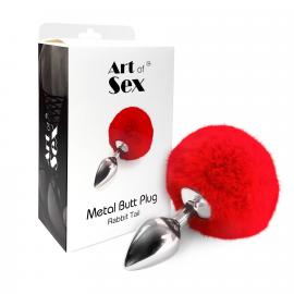 Металева анальна пробка М Art of Sex - Metal Butt plug Rabbit Tail, Червоний - 1