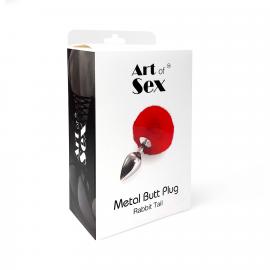 Металева анальна пробка М Art of Sex - Metal Butt plug Rabbit Tail, Червоний - 3