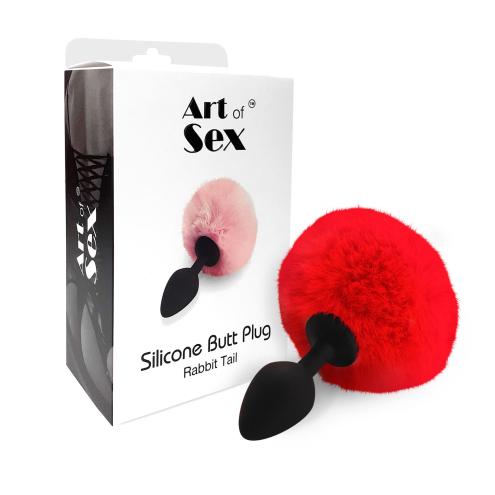 Силиконовая анальная пробка М Art of Sex - Silicone Butt plug Rabbit Tail, красная