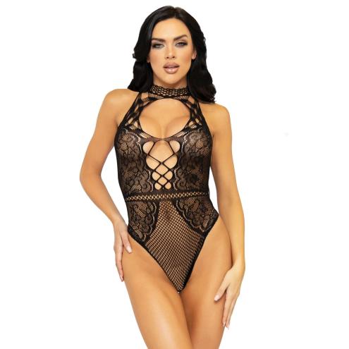 Leg Avenue Net and lace halter bodysuit OS Black