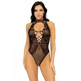 Leg Avenue Net and lace halter bodysuit OS Black - 1