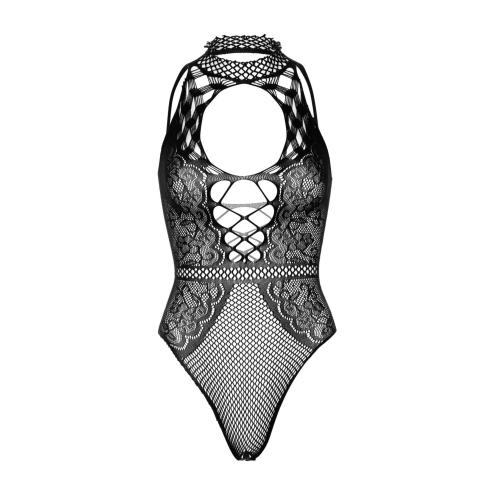 Leg Avenue Net and lace halter bodysuit OS Black