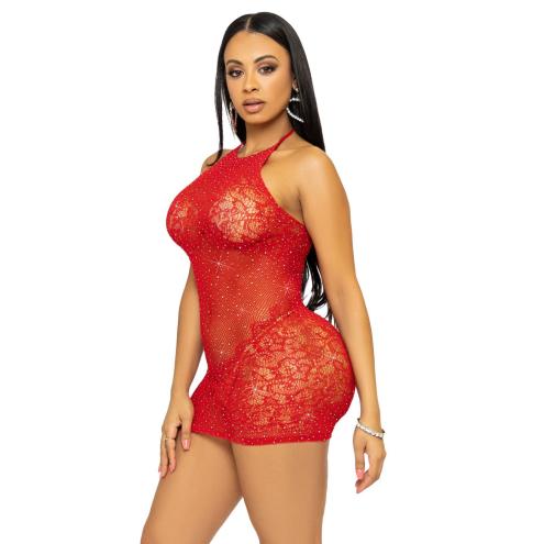 Платье-сетка со стразами Leg Avenue Rhinestone halter mini dress Red