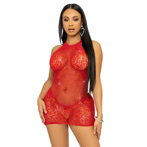 Платье-сетка со стразами Leg Avenue Rhinestone halter mini dress Red