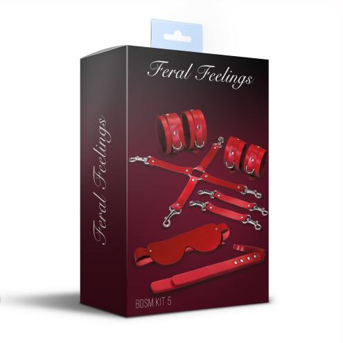 Набір Feral Feelings BDSM Kit 5 Red, наручники, поножі, хрестовина, маска, паддл