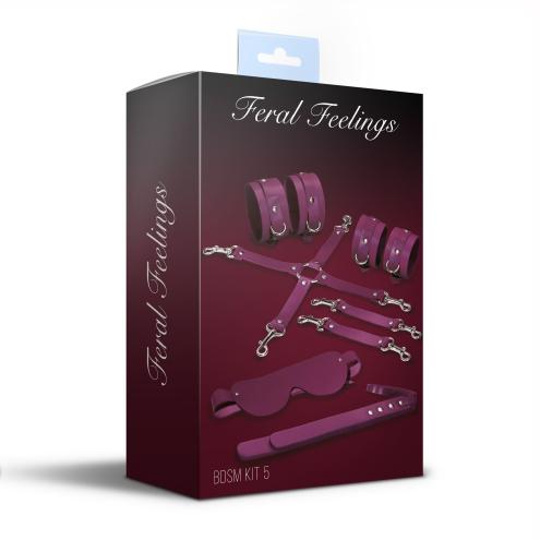 Набір Feral Feelings BDSM Kit 5 Burgundy, наручники, поножі, хрестовина, маска, паддл