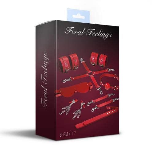 Набір Feral Feelings BDSM Kit 7 Red, наручники, поножі, конектор, маска, паддл, кляп, затискачі