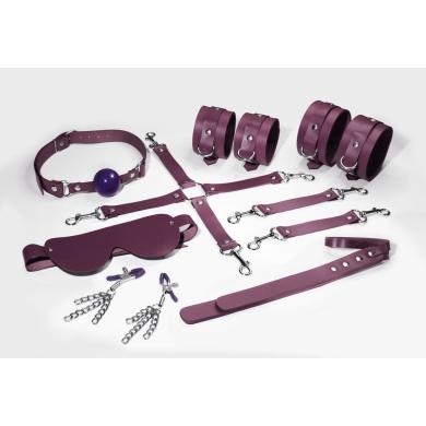 Набір Feral Feelings BDSM Kit 7 Burgundy, наручники, поножі, конектор, маска, паддл, кляп, затискачі